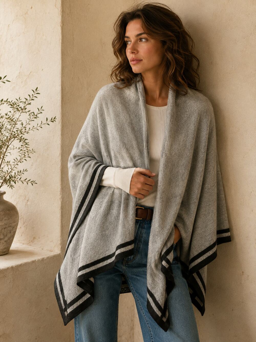 Nordstrom Shawl Wrap Wool Cashmere Gray Black Stripe Poncho Cape Quiet Luxury